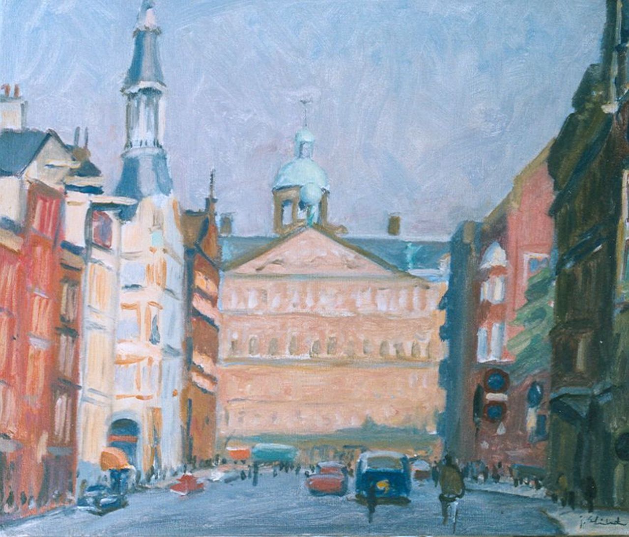 Stierhout J.A.U.  | Josephus Antonius Ubaldus 'Joop' Stierhout, Raadhuisstraat with palace on the Dam, Amsterdam, oil on canvas 50.2 x 60.2 cm, signed l.r.