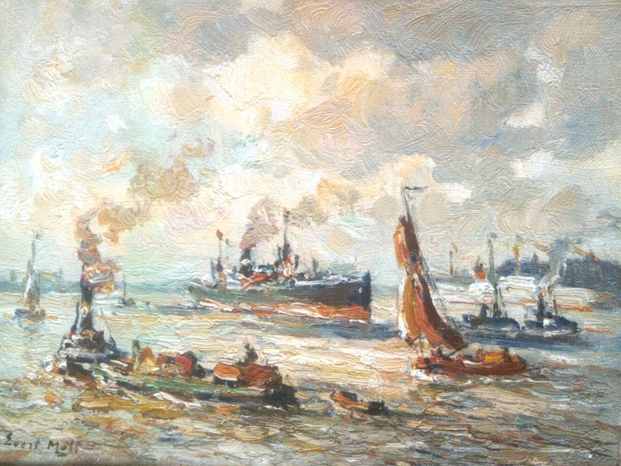 Moll E.  | Evert Moll, Ships in the harbour of Rotterdam, oil on canvas 19.3 x 25.4 cm, signed l.l.