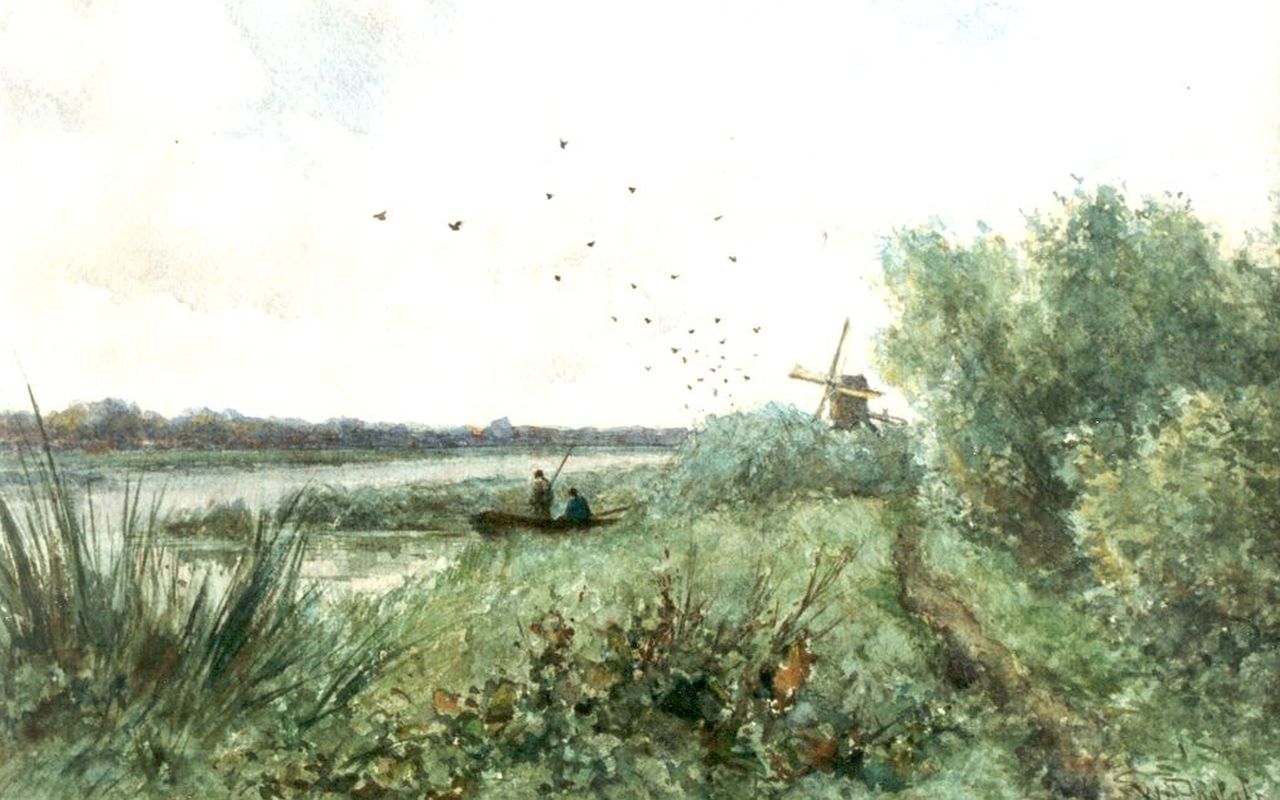 Roelofs W.  | Willem Roelofs, Anglers near a river, watercolour on paper 21.2 x 33.2 cm, signed l.r.