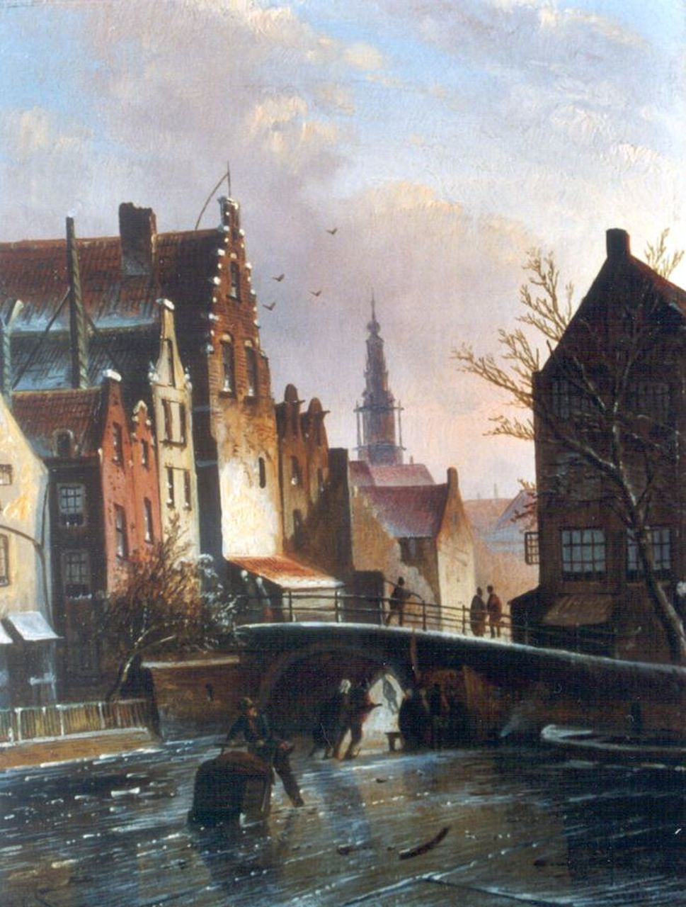 Spohler J.J.C.  | Jacob Jan Coenraad Spohler, Skaters on a frozen canal, oil on panel 22.2 x 17.1 cm, signed l.l. with initials