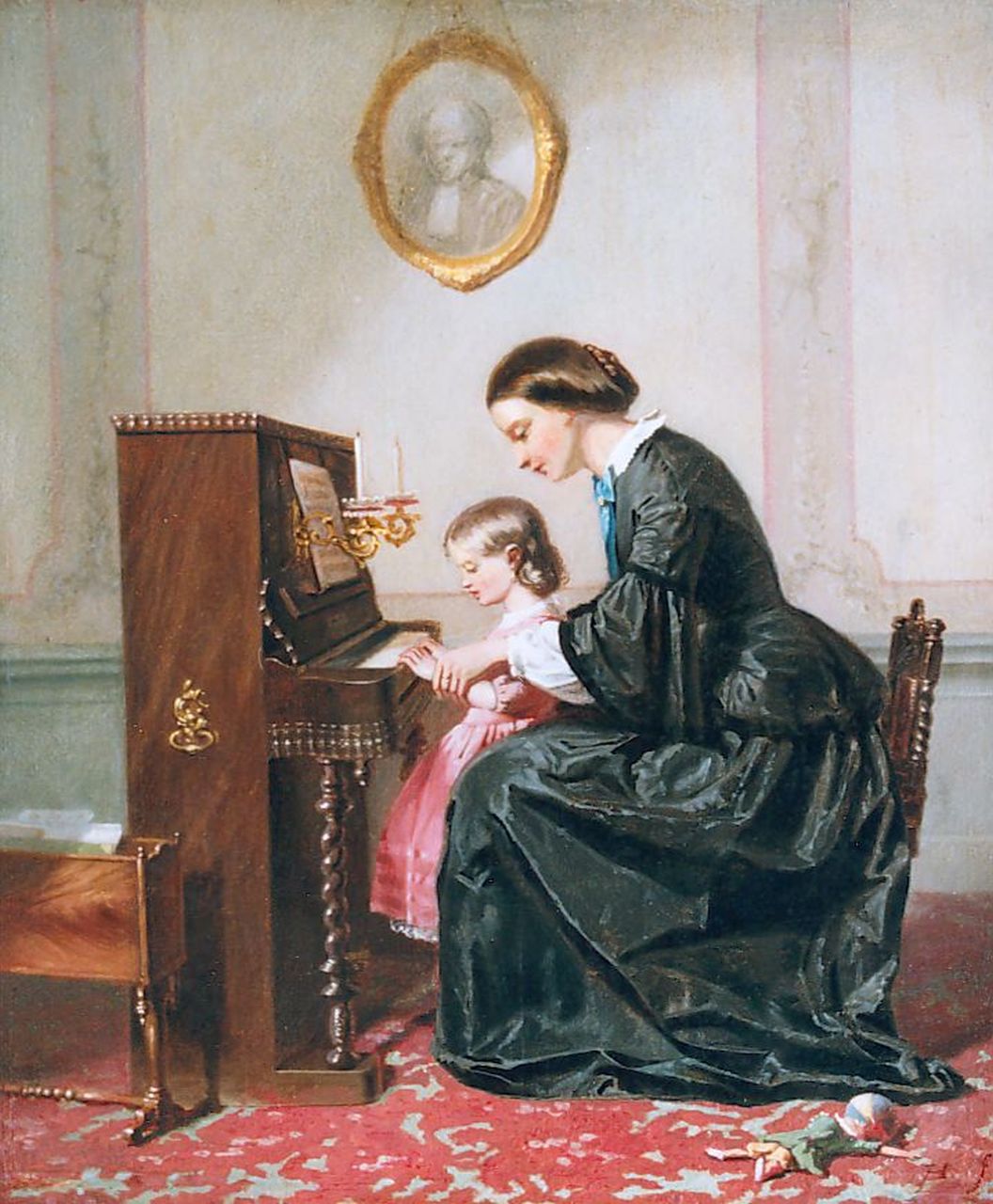 Hoevenaar J.  | Jozef Hoevenaar, The piano lesson, oil on panel 29.8 x 24.9 cm, signed l.r. with monogram