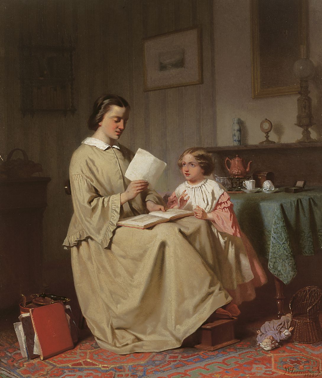 Hoevenaar W.P.  | Willem Pieter Hoevenaar, A mother reading a story, oil on panel 54.6 x 46.3 cm, signed l.r. and painted 1862
