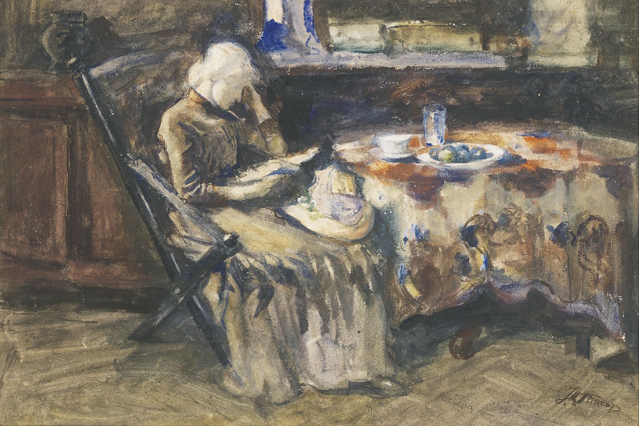 Toorop J.Th.  | Johannes Theodorus 'Jan' Toorop, Annie Hall, the artist's wife, reading, watercolour and gouache on paper 40.0 x 59.0 cm, signed l.r.