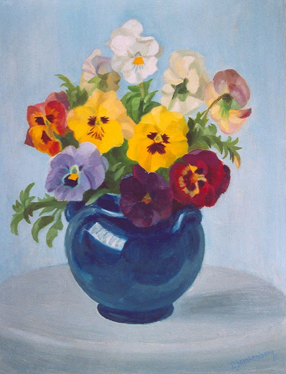 Smorenberg D.  | Dirk Smorenberg, Violets in a vase, oil on board 41.8 x 31.4 cm, signed l.r.