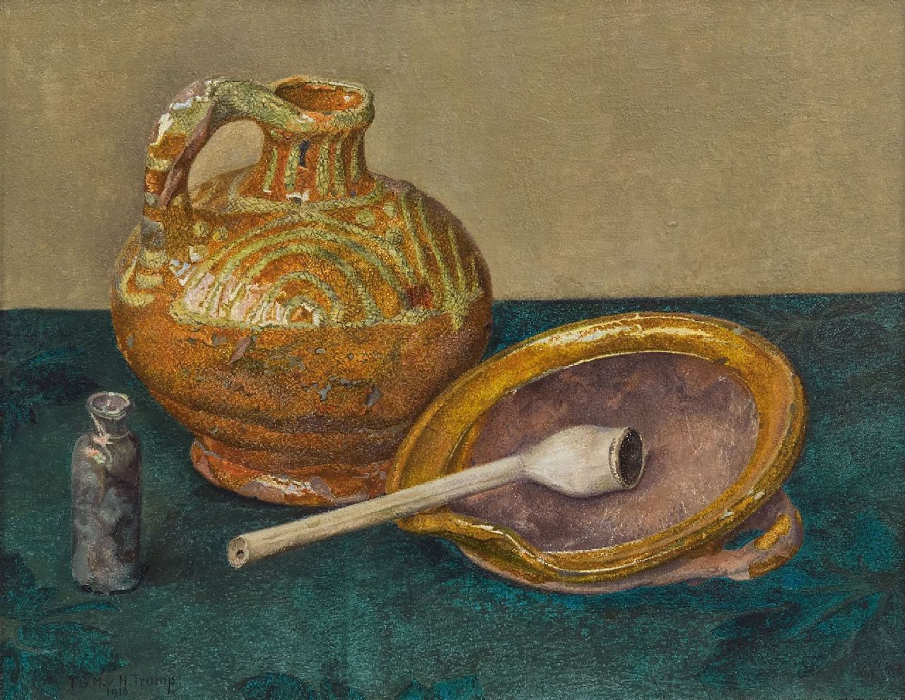 Tjitske van Hettinga Tromp | Still life with pottery and a pipe, oil on panel, 21.5 x 27.1 cm, signed l.l. and dated 1910