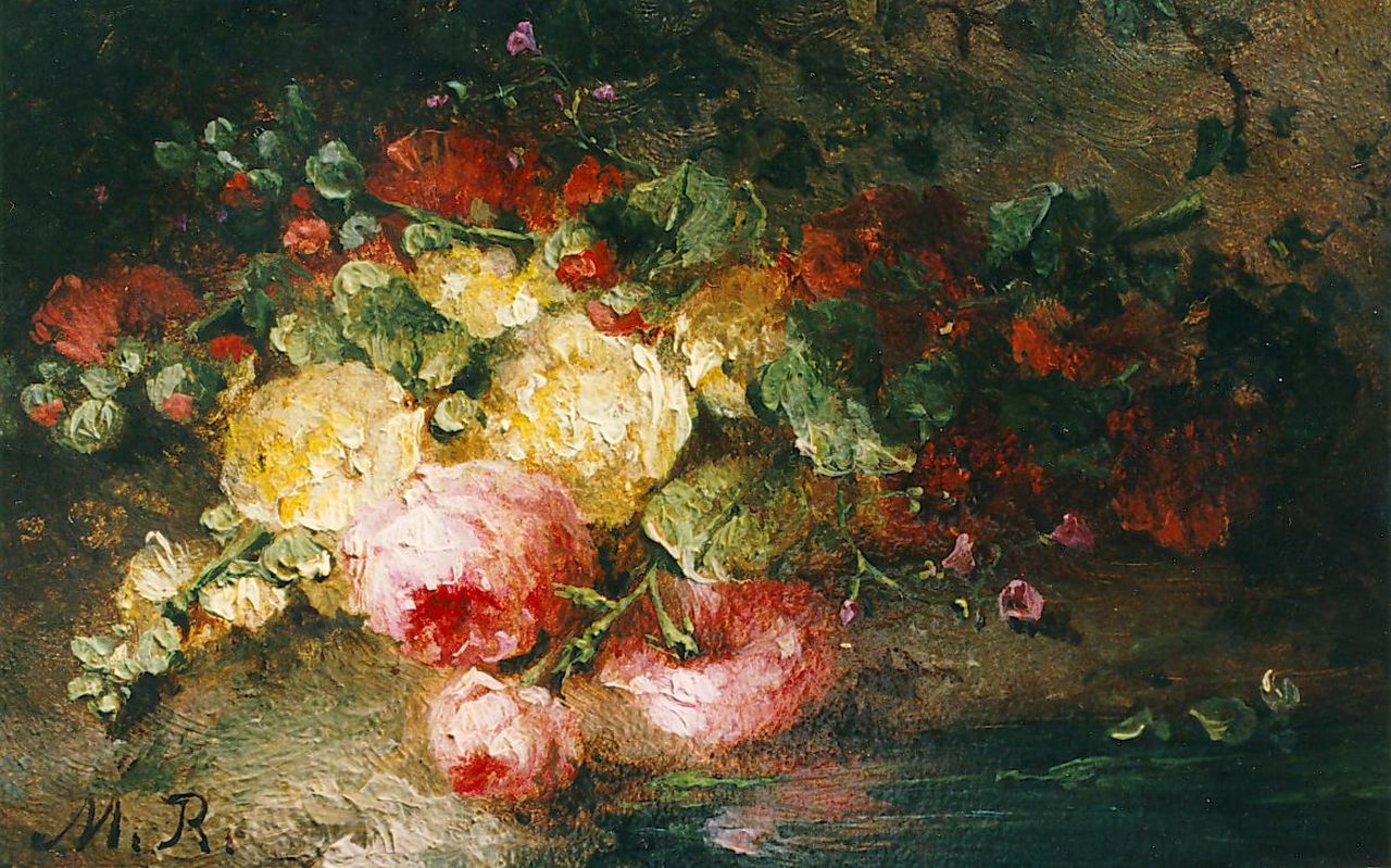 Roosenboom M.C.J.W.H.  | 'Margaretha' Cornelia Johanna Wilhelmina Henriëtta Roosenboom, A bouquet on a forest-path, oil on panel 7.9 x 12.0 cm, signed l.l.