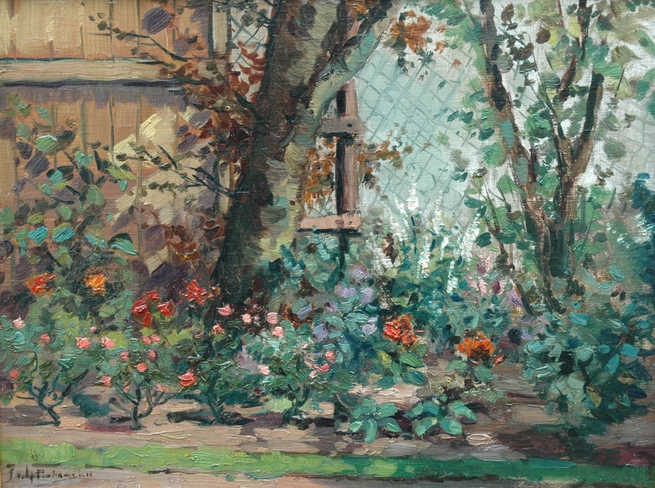 Pietersen J.A.  | 'Johannes' Anthonius Pietersen, The rose garden, oil on cardboard 30.0 x 39.4 cm, signed l.l.