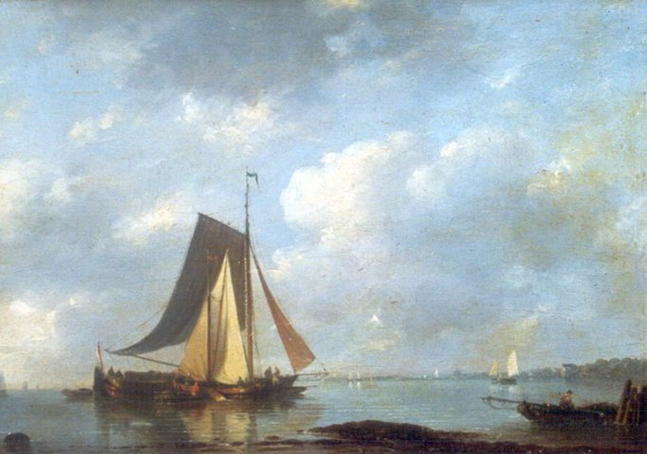Stok J. van der | Jacobus van der Stok, Shipping off the coast (signed A. Schelfhout), oil on panel 20.4 x 27.9 cm, signed l.l.