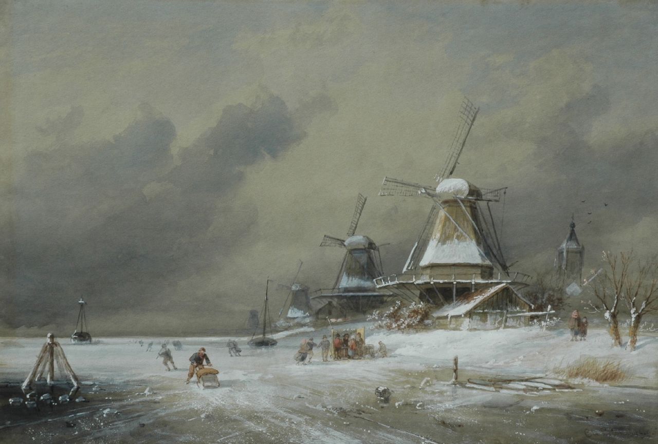 Leickert C.H.J.  | 'Charles' Henri Joseph Leickert, A winter landscape with skaters on the ice, watercolour on paper 35.8 x 48.8 cm, signed l.r. and dated '95