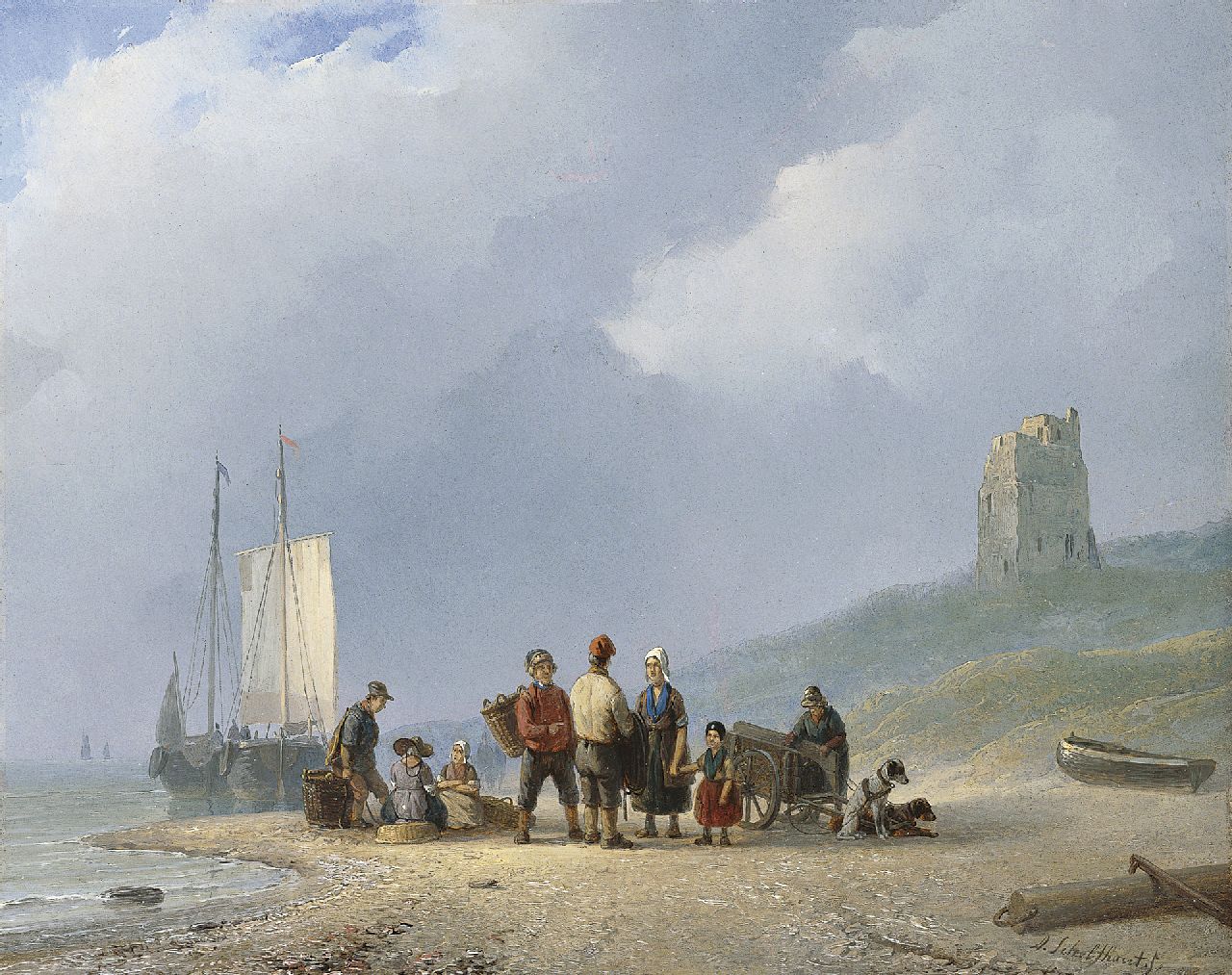 Schelfhout A.  | Andreas Schelfhout, Sorting the catch, oil on painter's cardboard 22.8 x 28.0 cm, signed l.r. and painted between 1825-1831