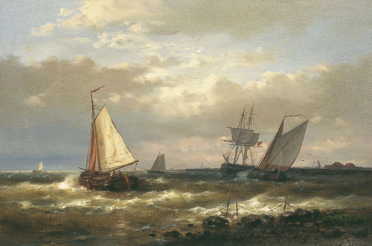 Hulk A.  | Abraham Hulk, Vessels by a jetty, oil on canvas laid down on panel 40.4 x 60.7 cm, signed l.r.