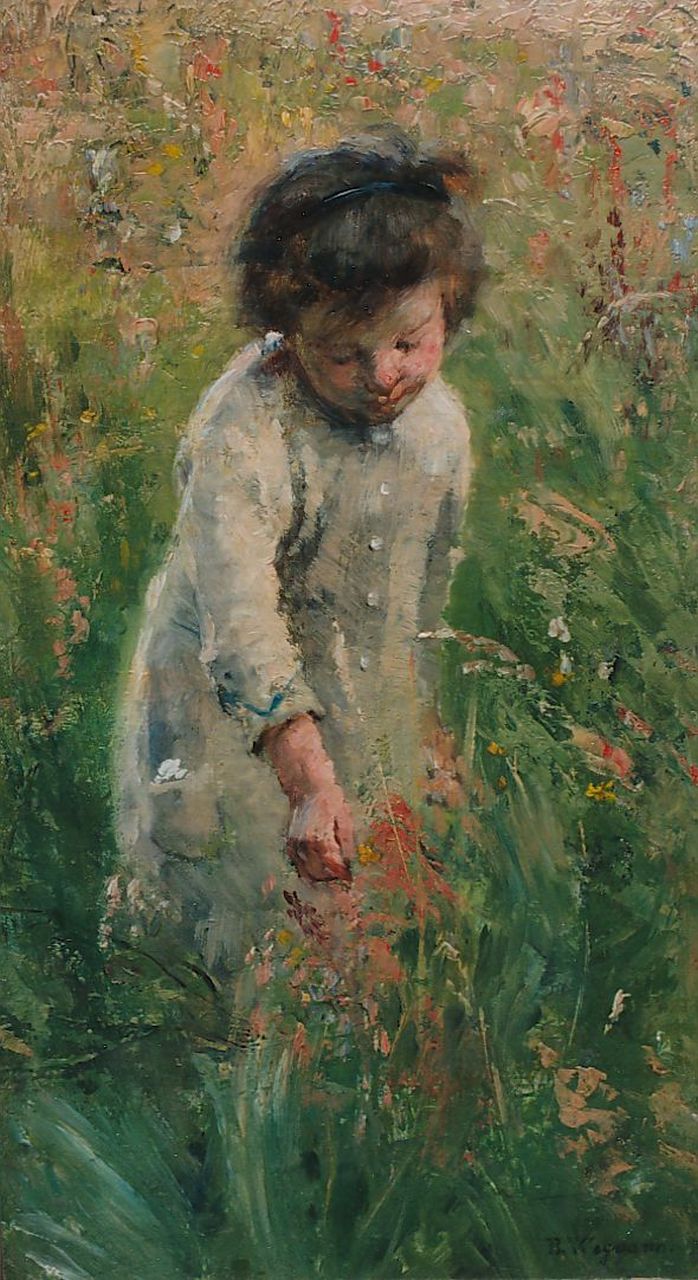 Wegman B.  | Bertha Wegman, Little girl picking flowers, oil on canvas 37.6 x 21.3 cm, signed l.r.