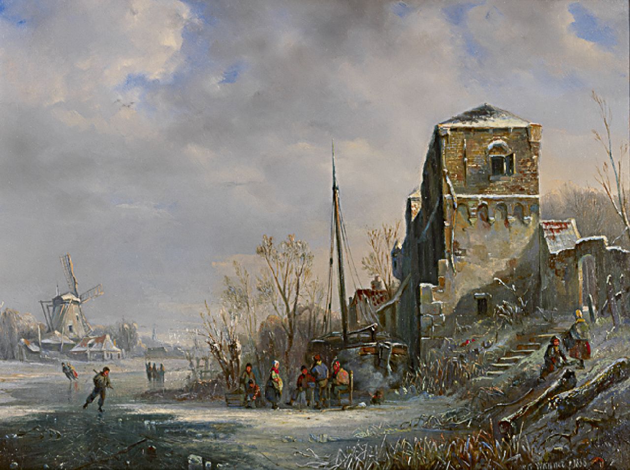 Wagner W.G.  | Willem George Wagner, Canal in the snow with skaters on the ice, oil on panel 39.3 x 52.4 cm, signed l.r. and dated 1838