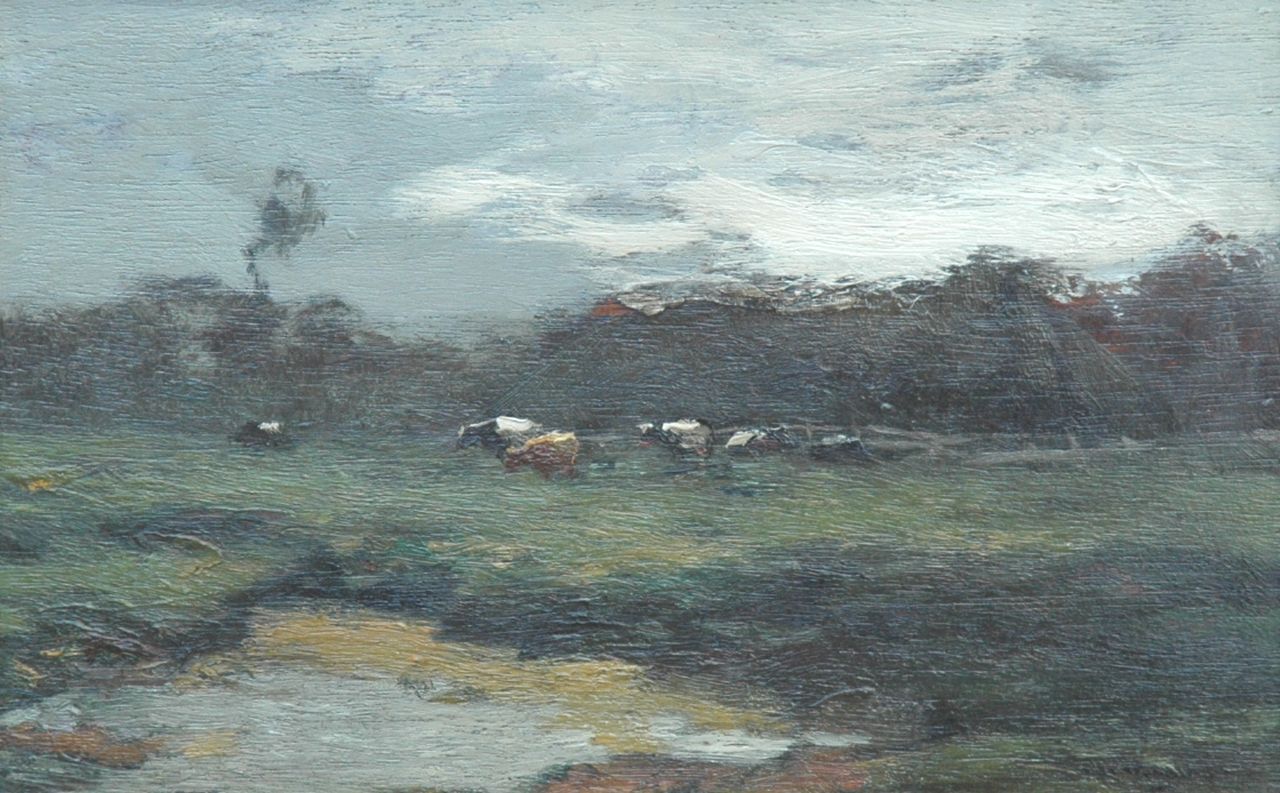 Wenning IJ.H.  | IJpe Heerke 'Ype' Wenning, Cows in a meadow, oil on panel 13.9 x 21.2 cm, signed l.r.