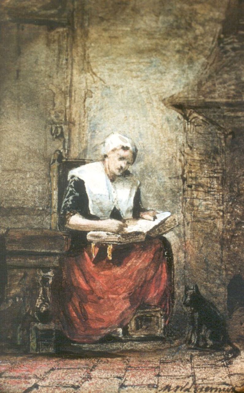 Liernur M.W.  | Martinus Wilhelmus Liernur, Reading the bible, watercolour on paper 10.3 x 6.8 cm, signed l.r. and dated 1853