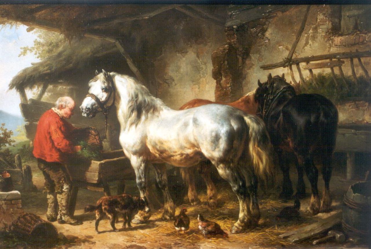 Verschuur W.  | Wouterus Verschuur, Feeding the horses, oil on panel 27.3 x 40.2 cm, signed l.l.
