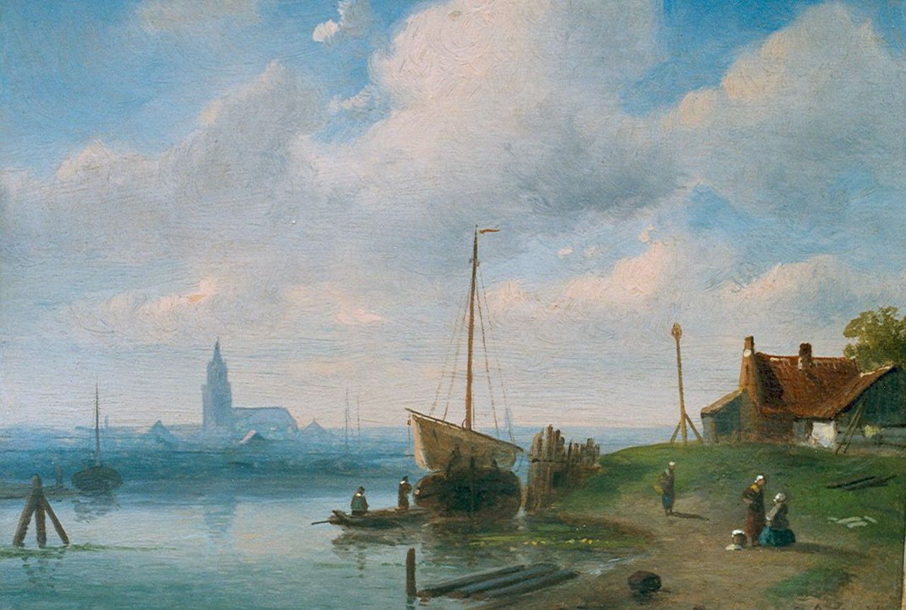 Leickert C.H.J.  | 'Charles' Henri Joseph Leickert, A river landscape, oil on panel 18.2 x 22.5 cm, signed l.r.