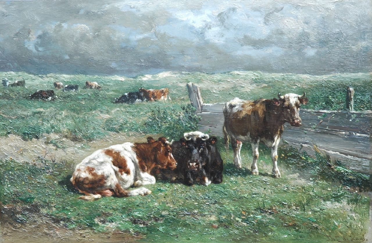 Haas J.H.L. de | Johannes Hubertus Leonardus de Haas, Resting cattle at pasture, oil on panel 31.3 x 47.1 cm, signed l.r.