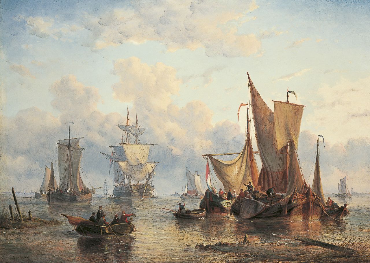 Opdenhoff G.W.  | Witzel 'George Willem' Opdenhoff, Moored boats near a harbour's entrance, oil on canvas 70.8 x 97.9 cm, signed l.l.