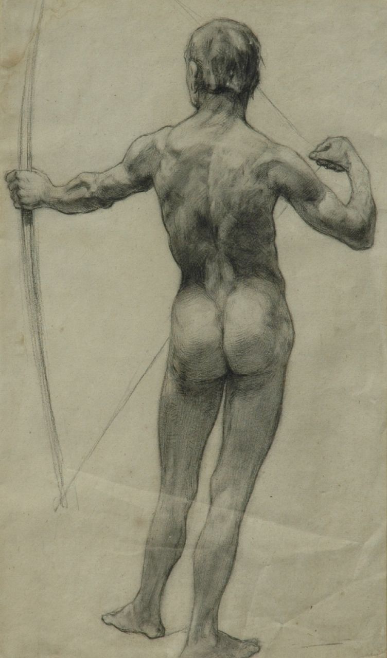 Onbekend 20e eeuw (1e helft)  | Onbekend | Watercolours and drawings offered for sale | Male nude, charcoal and chalk on paper 52.0 x 17.0 cm