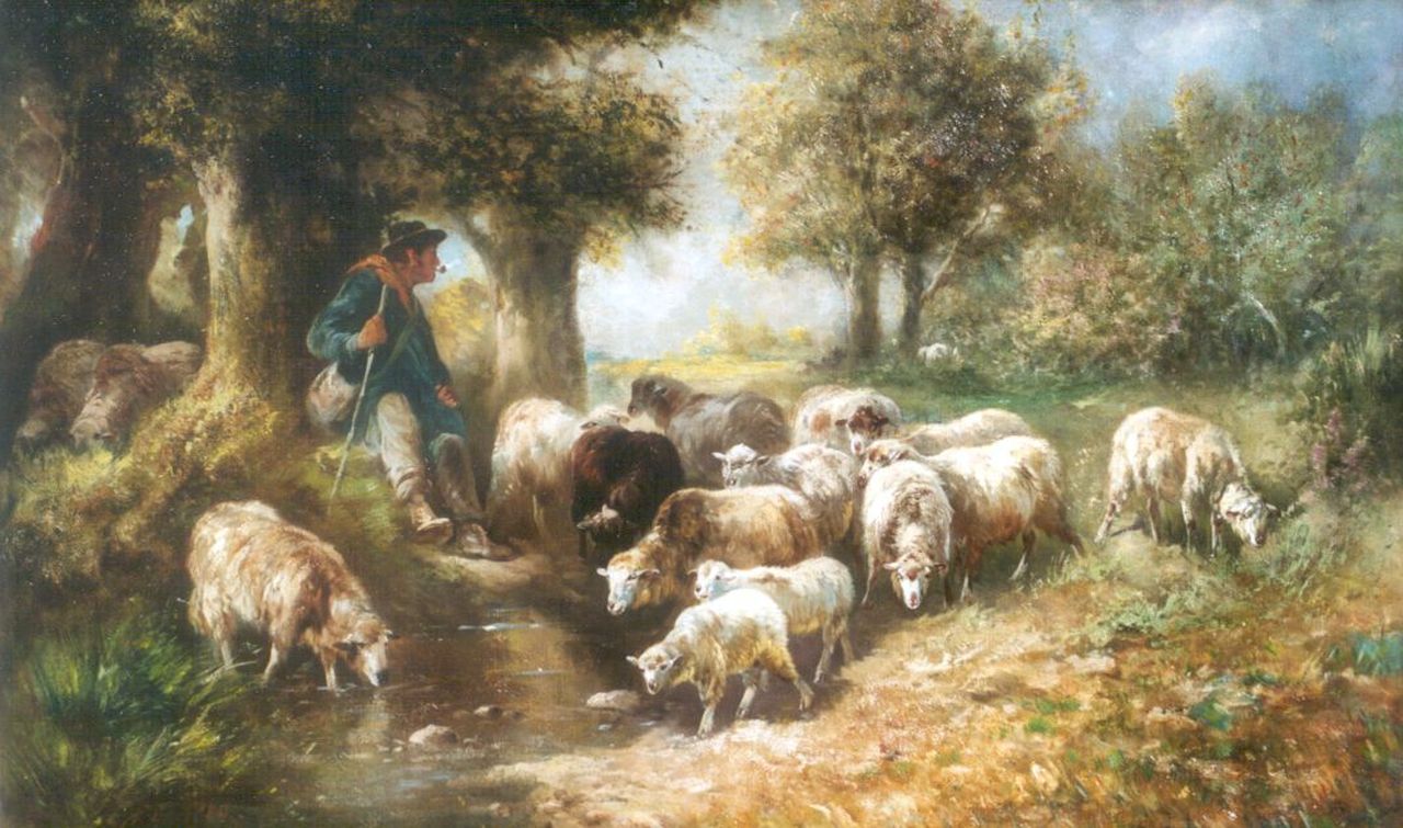 Schouten H.  | Henry Schouten, A shepherd and flock, oil on canvas 65.0 x 100.0 cm