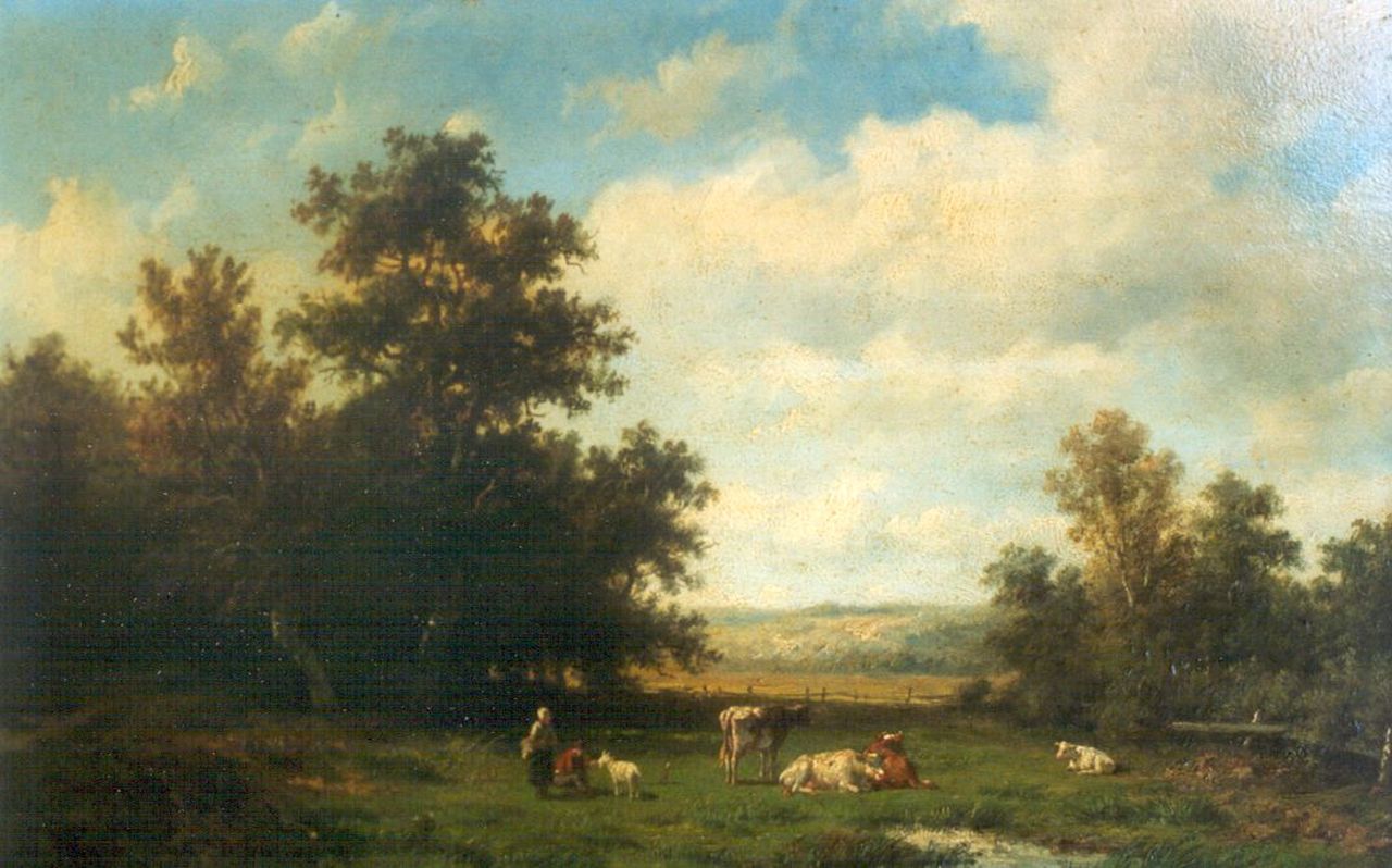 Wijngaerdt A.J. van | Anthonie Jacobus van Wijngaerdt, Cattle in a landscape, oil on panel 23.2 x 36.0 cm