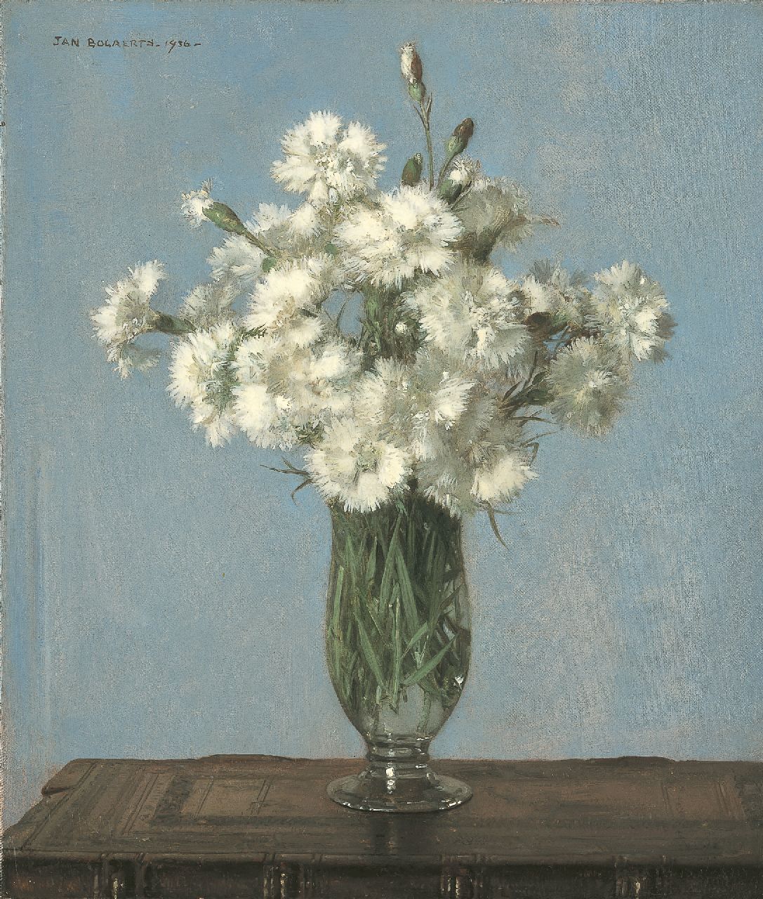 Bogaerts J.J.M.  | Johannes Jacobus Maria 'Jan' Bogaerts, White carnations in a glass vase, oil on canvas 35.2 x 30.2 cm, signed u.l. and dated 1936