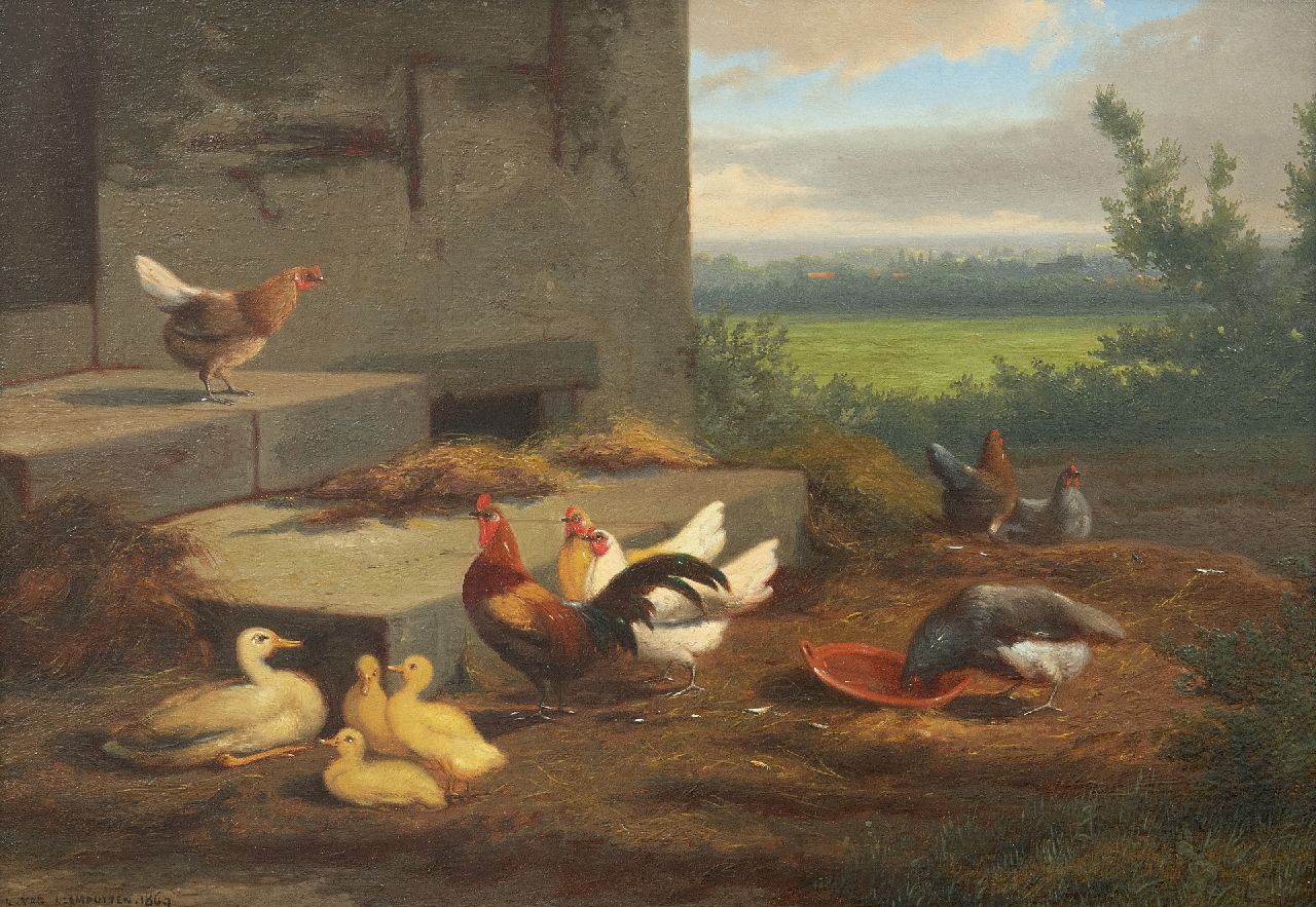 Leemputten J.L. van | Jean-Baptiste Leopold van Leemputten | Paintings offered for sale | Chicken and ducks on a farmyard, oil on panel 24.0 x 36.2 cm, signed l.l. and painted 1869
