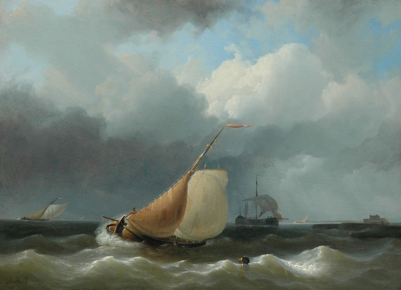 Hulk A.  | Abraham Hulk, Sailing boats near a pier, oil on panel 29.7 x 40.7 cm, signed l.l.