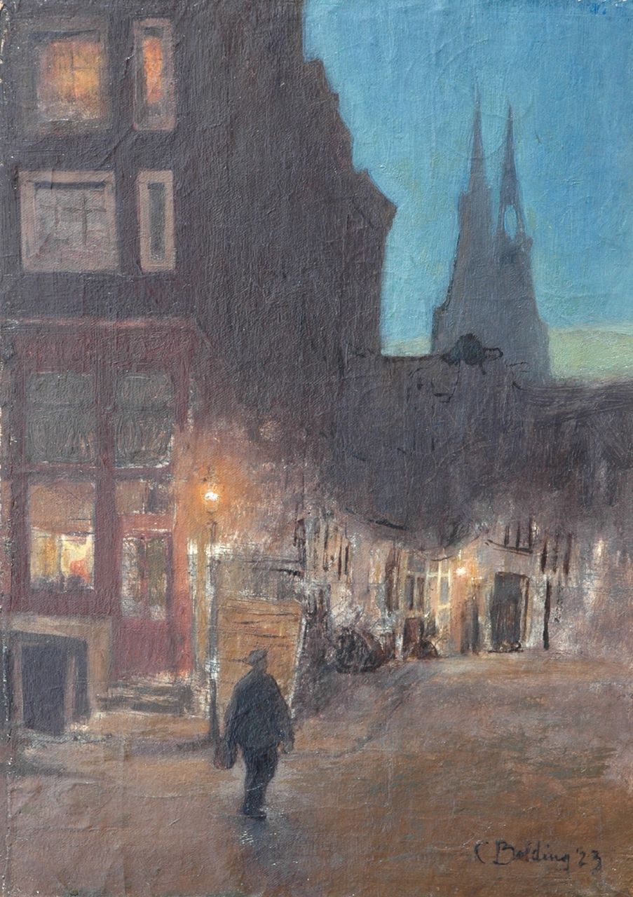 Bolding C.  | Cornelis 'Cees' Bolding, Amsterdam street at night, oil on canvas laid down on panel laid down on plywood 47.6 x 35.0 cm, signed l.r. and dated '23