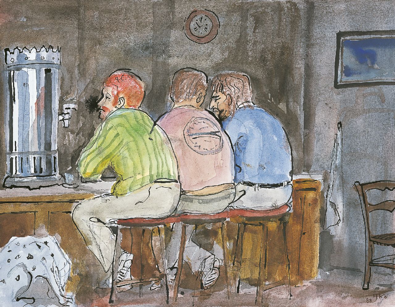 Kamerlingh Onnes H.H.  | 'Harm' Henrick Kamerlingh Onnes, Men in a pub, Indian ink and watercolour on paper 23.5 x 31.0 cm, signed l.r. with monogram and dated '80