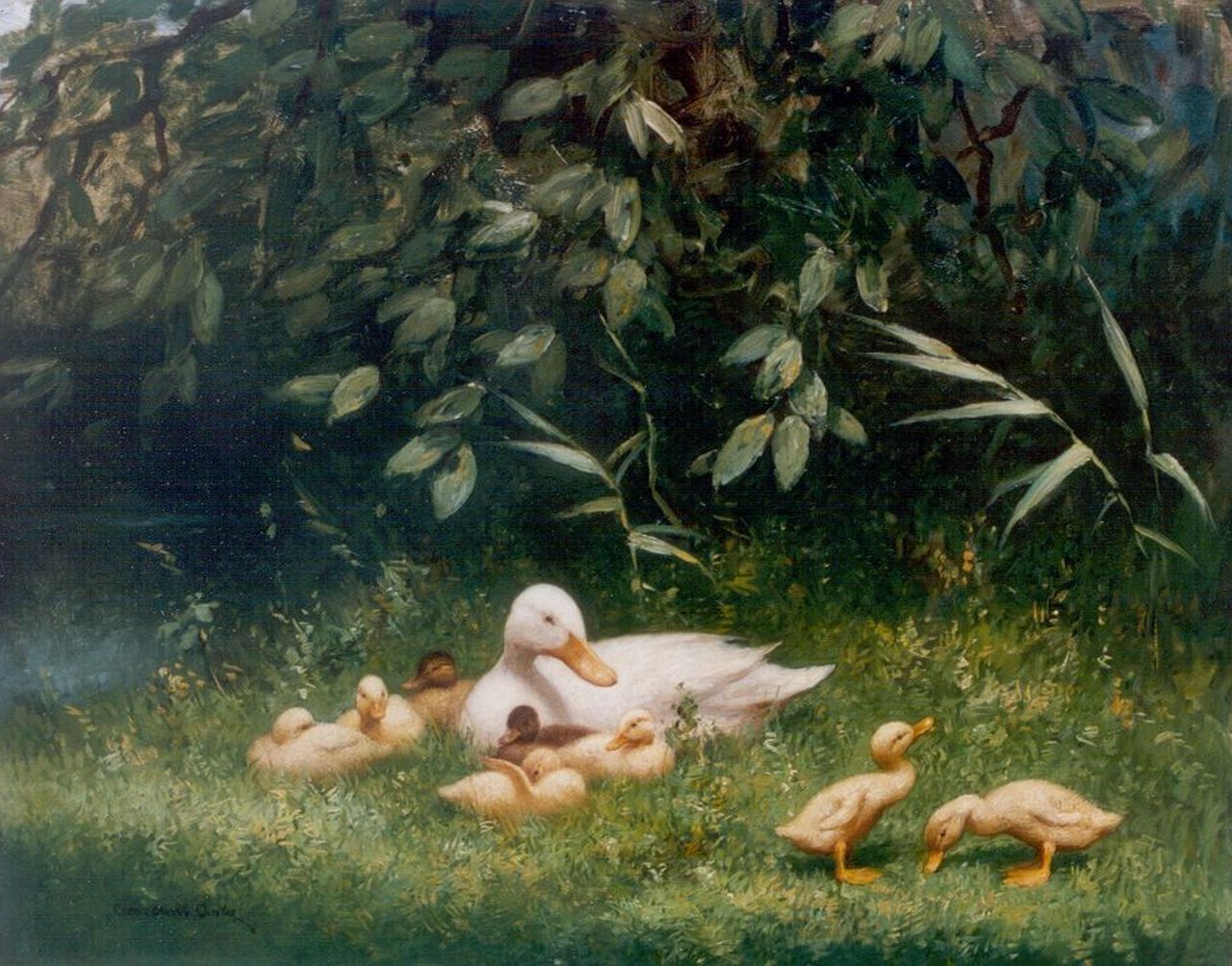 Artz C.D.L.  | 'Constant' David Ludovic Artz, Hen with ducklings on the riverbank, oil on panel 40.0 x 50.0 cm, signed l.l.