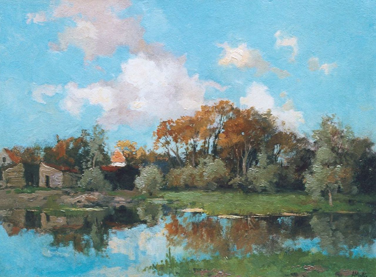 Miolée A.  | Adrianus 'Adriaan' Miolée, A farmhouse along a stream, oil on painter's board 32.1 x 43.9 cm, signed l.r.