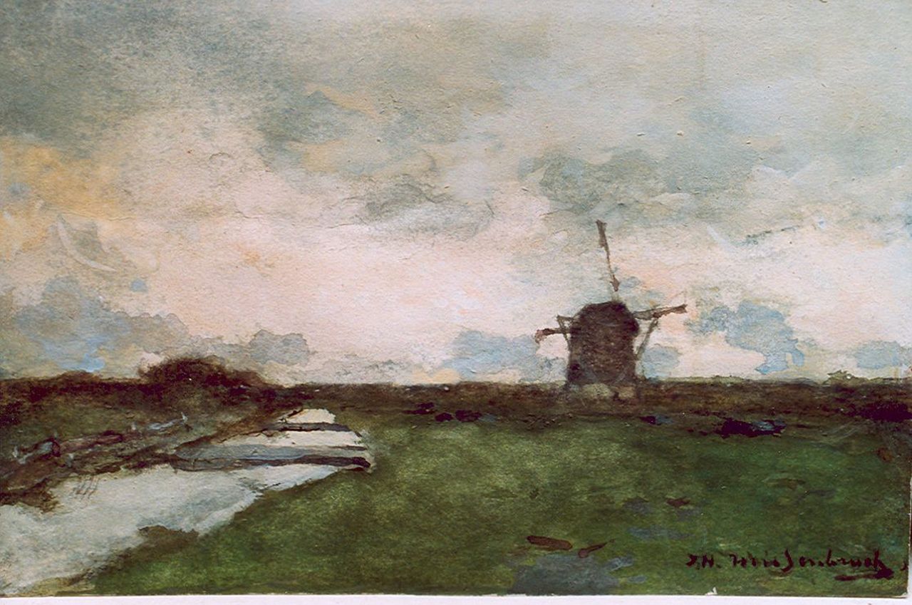 Weissenbruch H.J.  | Hendrik Johannes 'J.H.' Weissenbruch, A polder landscape, watercolour on paper 14.9 x 23.0 cm, signed l.r.