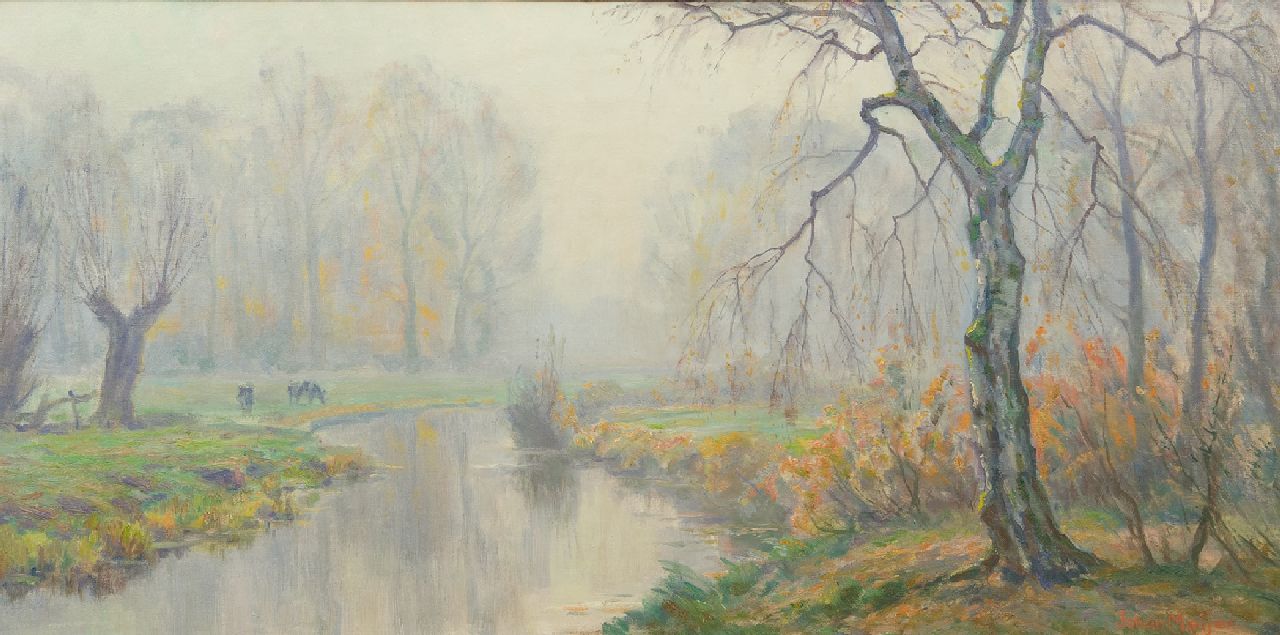 Meijer J.  | Johannes 'Johan' Meijer, Misty landscape, oil on canvas 40.4 x 80.3 cm, signed l.r.