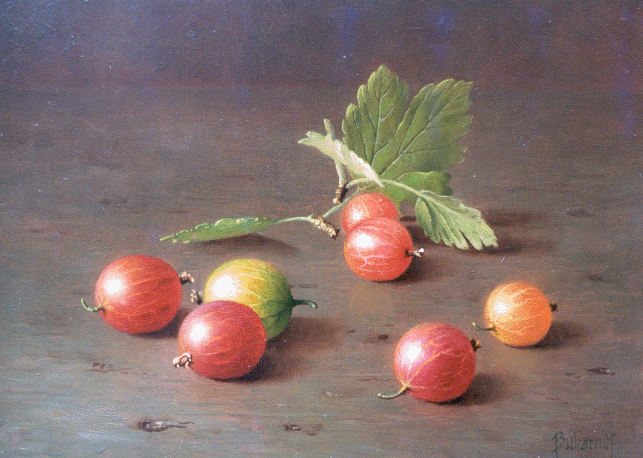 Bubarnik G.  | Gyula Bubarnik, Still life with gooseberries, oil on panel 13.0 x 18.0 cm, signed l.r.