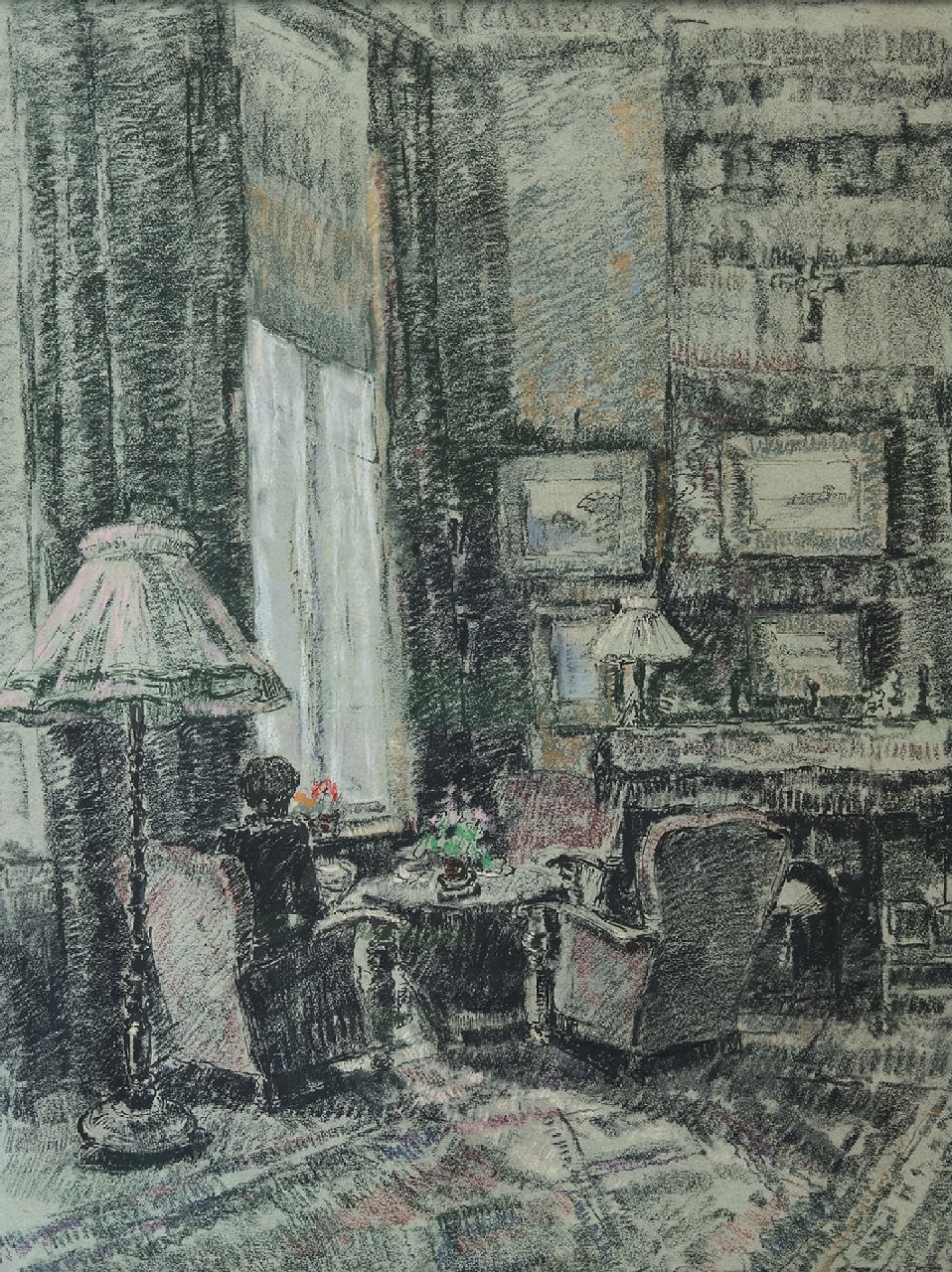 Noltee B.C.  | Bernardus Cornelis 'Cor' Noltee | Watercolours and drawings offered for sale | Corner near the window; living room of the artist, chalk on paper 65.0 x 50.0 cm, signed l.r.