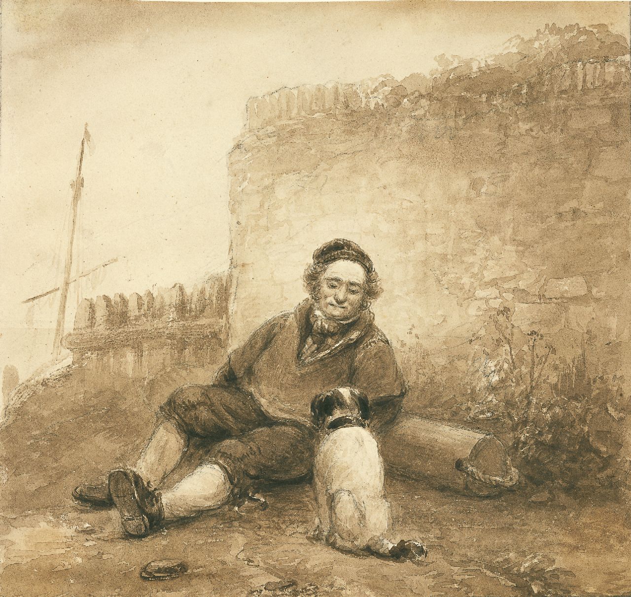 Schelfhout A.  | Andreas Schelfhout, Fisherman with his dog, sepia on paper 19.4 x 21.0 cm, signed on the reverse