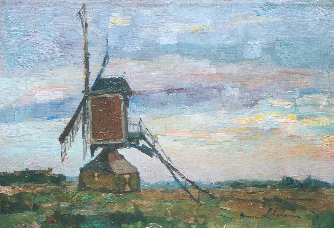 Lehmann A.E.F.  | 'Anna' Elisabeth Frederika Lehmann, A windmill in a landscape by dusk, oil on canvas 23.5 x 34.3 cm, signed l.r. and dated 1917