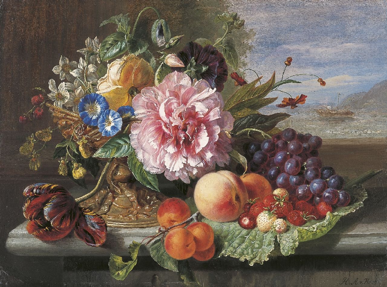 Hamburger H.A.  | Helen Augusta 'Hélène' Hamburger, Still Life with Flowers, Peaches, Grapes and Strawberries, oil on panel 44.1 x 60.4 cm, signed l.r. with initials and dated 1862