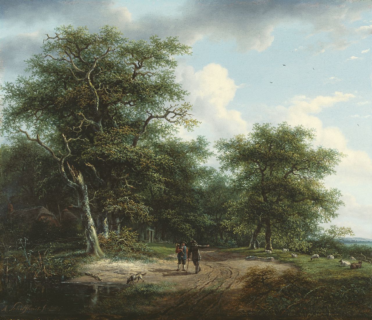 Schelfhout A.  | Andreas Schelfhout, Figures in a summer landscape, oil on panel 33.9 x 40.0 cm, signed l.l. and painted between 1812-1815