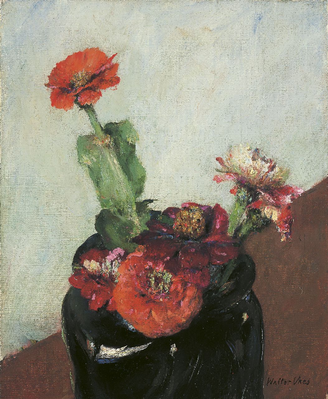 Vaes W.  | Walter Vaes, Vase with zinnea, oil on canvas 27.0 x 22.1 cm, signed l.r.