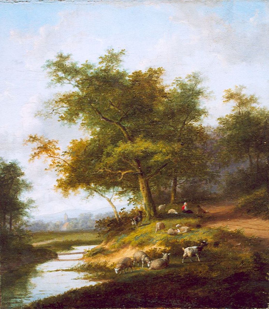 Morel II J.E./Van Severdonck F.   | Morel II J.E./Van Severdonck F., A shepherdess and flock, oil on canvas 32.7 x 29.0 cm, signed l.c.