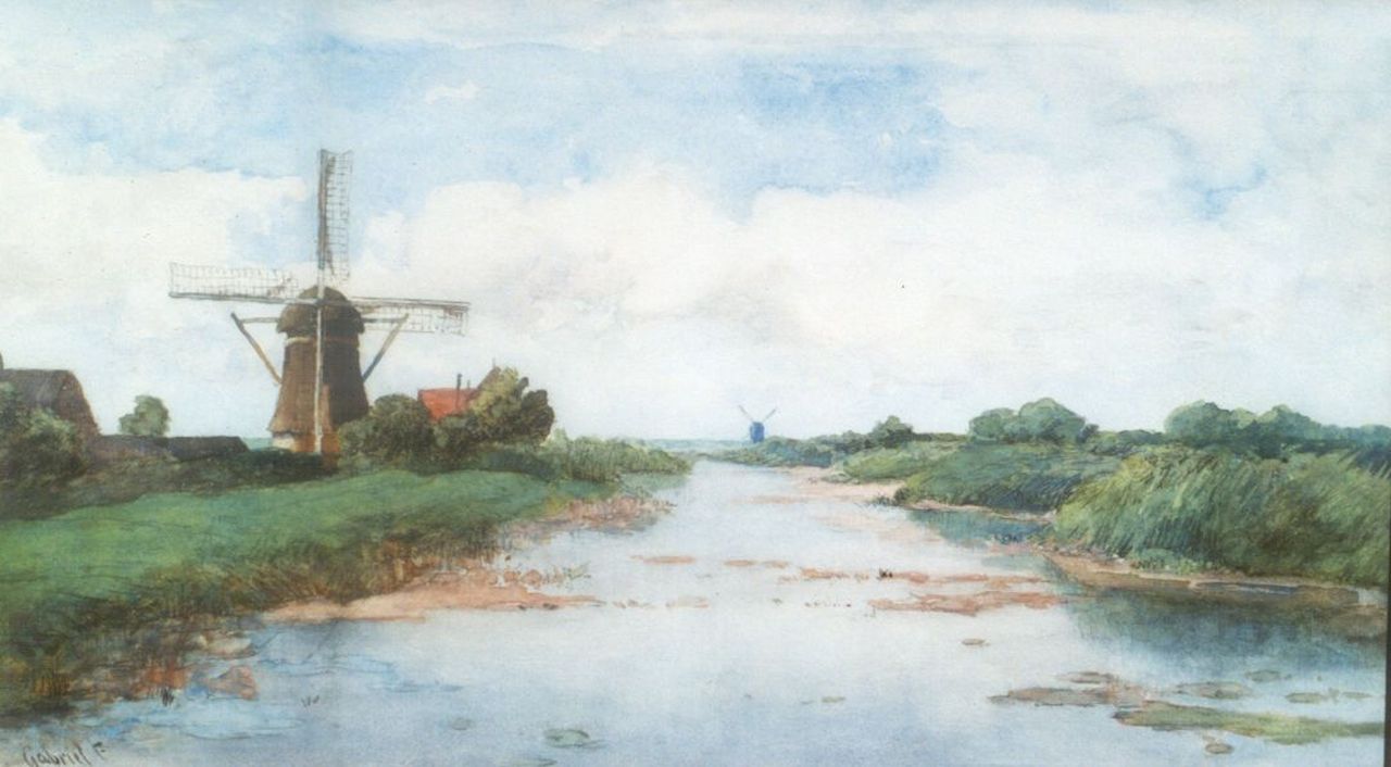 Gabriel P.J.C.  | Paul Joseph Constantin 'Constan(t)' Gabriel, A view of the 'Proosdijermolen aan de Winkel', Abcoude, chalk and watercolour on paper 36.5 x 63.5 cm, signed l.l.