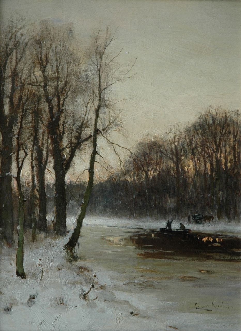 Apol L.F.H.  | Lodewijk Franciscus Hendrik 'Louis' Apol, Along a canal by sunset, oil on panel 30.9 x 23.5 cm, signed l.r.