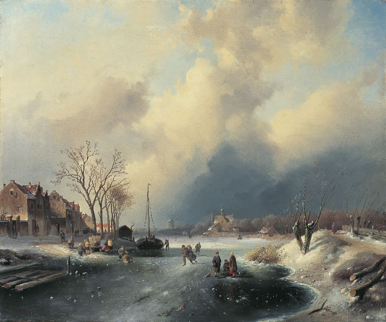 Leickert C.H.J.  | 'Charles' Henri Joseph Leickert, Figures conversing on the ice, oil on canvas 59.7 x 71.4 cm, signed l.l.