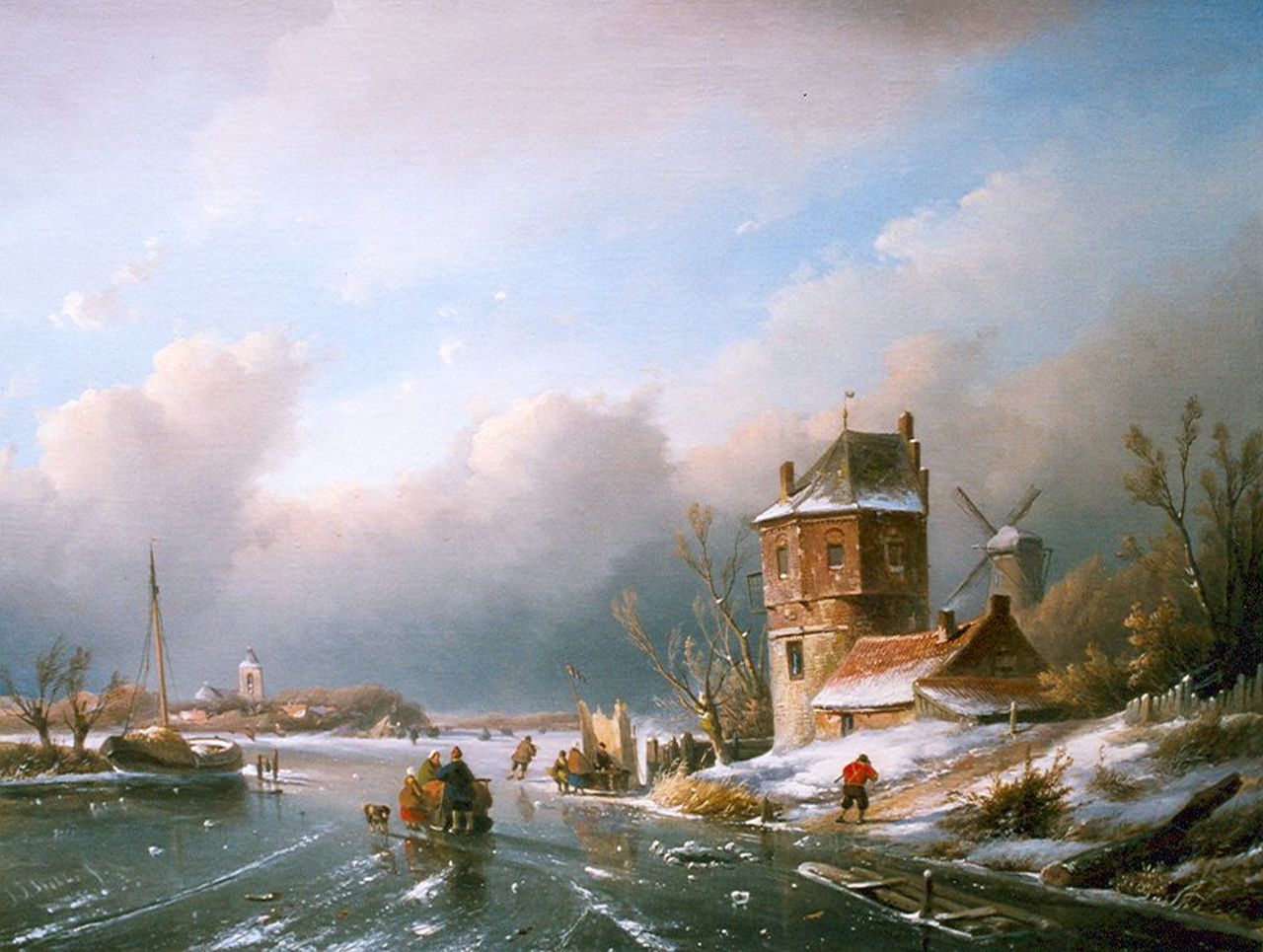 Spohler J.J.  | Jan Jacob Spohler, Figures on the ice by a 'koek en zopie', oil on canvas 52.2 x 69.6 cm, signed l.l.