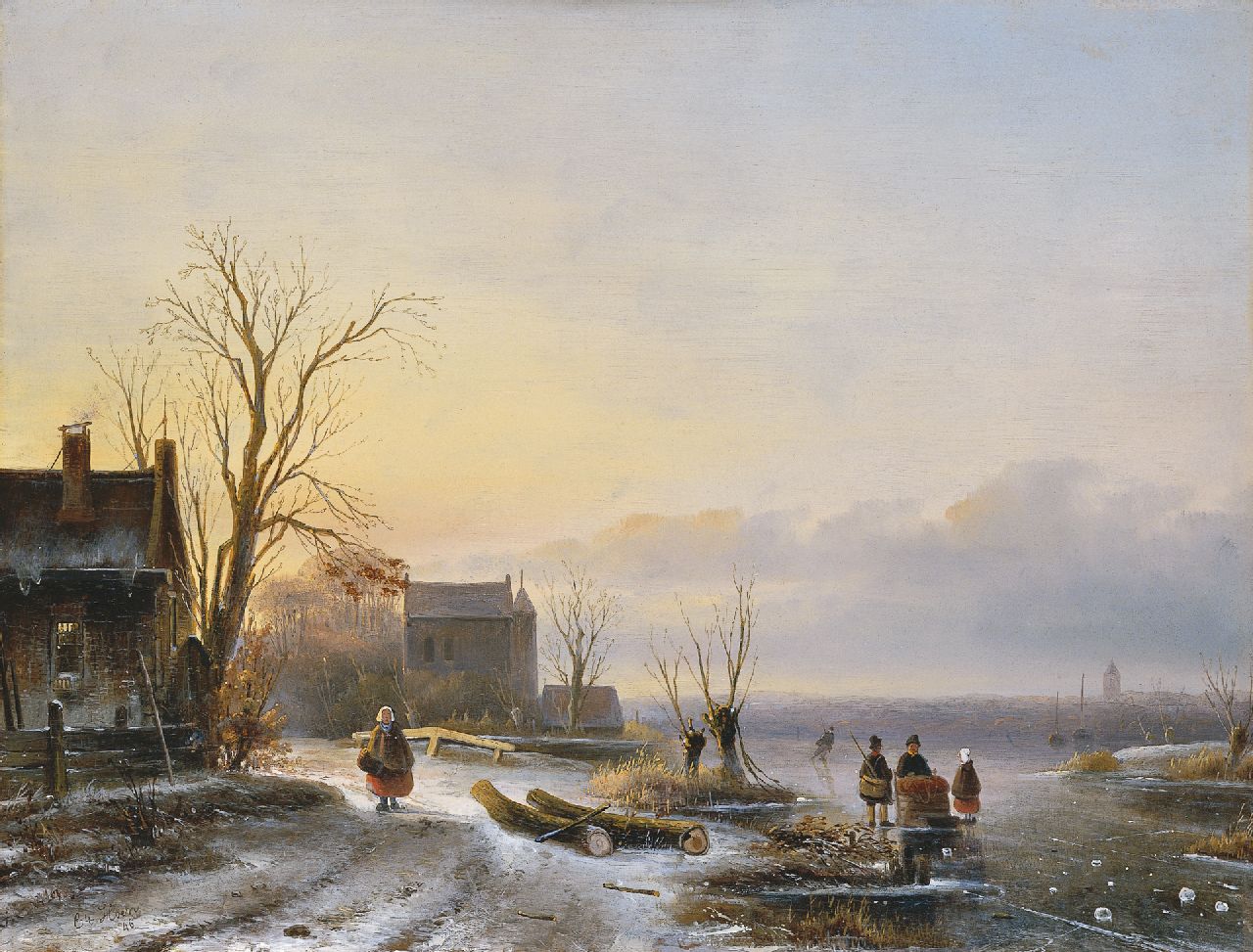 Hoen C.P. 't | Cornelis Petrus 't Hoen, Figures on the ice by sunset, oil on panel 41.3 x 54.2 cm, signed l.l. and dated '46