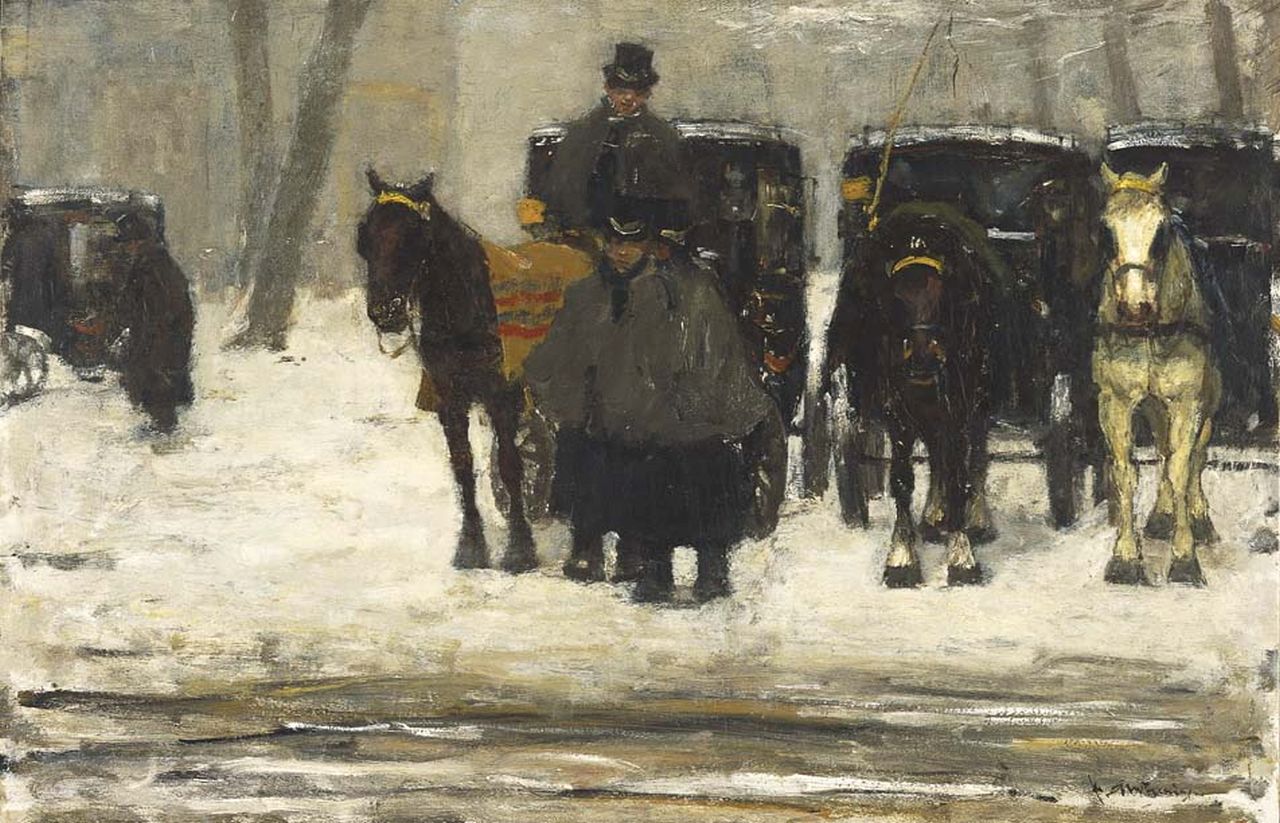 Arntzenius P.F.N.J.  | Pieter Florentius Nicolaas Jacobus 'Floris' Arntzenius, Coaches in the snow, oil on panel 38.7 x 59.4 cm, signed l.r. and painted circa 1895