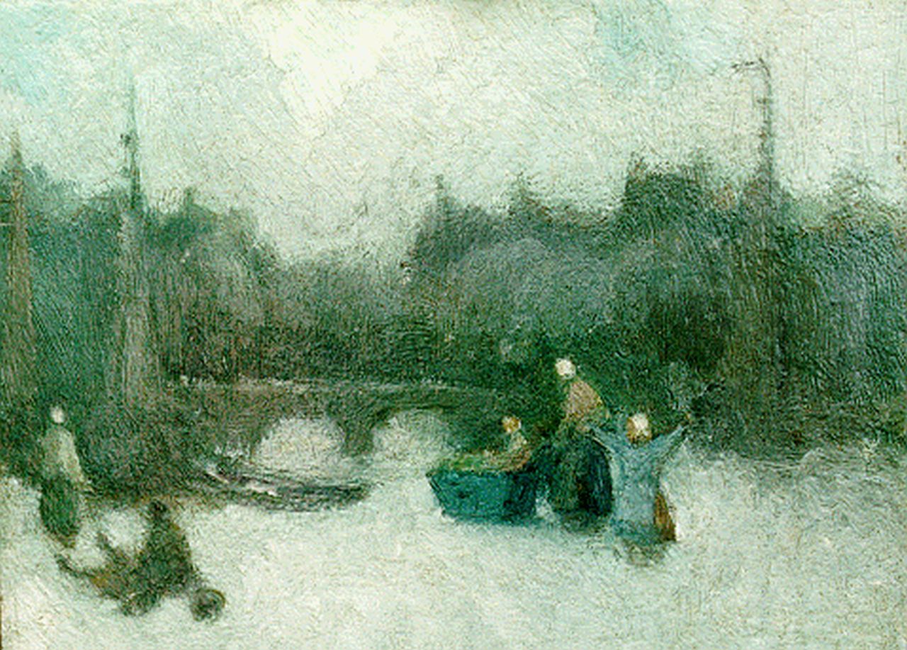 Daalhoff H.A. van | Hermanus Antonius 'Henri' van Daalhoff, Ice skating on a frozen waterway, oil on panel 13.0 x 18.0 cm, signed l.r.